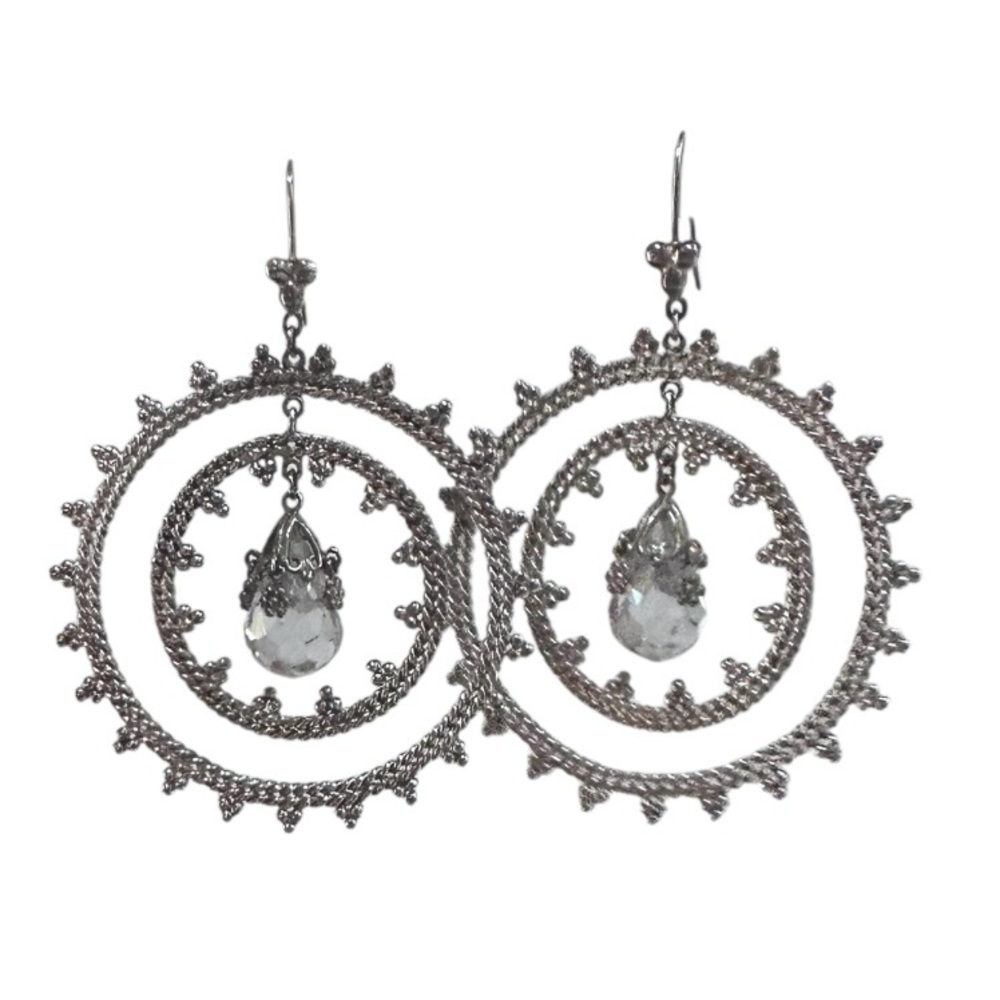 Bali Dot Vintage Sterling Silver Double Hoop Dangle Earrings Crystal Drop